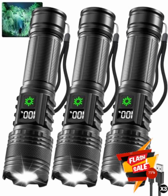 3Pack Rechargeable Flashlights High Lumens with LCD Digital Display | 9900lm Super Bright