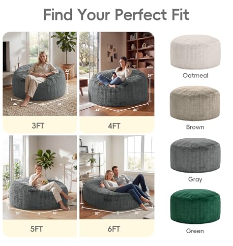 Round Bean Bag with Filling Lounging Gaming Bedroom Dorm Room | Grey 3FT