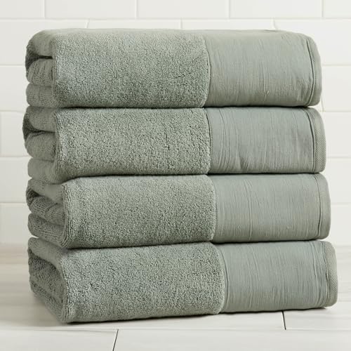 Linen Like Border Design - 4 Bath Towels (54" x 30") - Absorbent