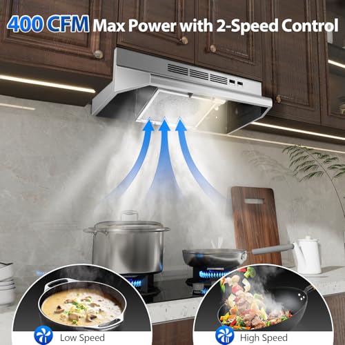 400 CFM Stainless Steel Convertible Vent Hood with 2 Speed Exhaust Fan and Rocker Switch Control