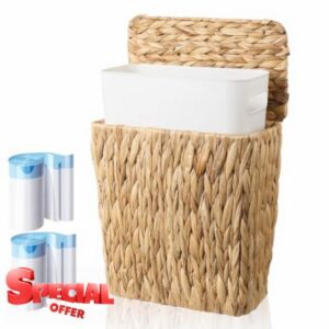 TINSKY Wicker Trash Can with Lid Boho Rattan Small Bathroom Waste Basket                                                          2.5 Gallon Removable Liner