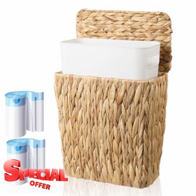 TINSKY Wicker Trash Can with Lid Boho Rattan Small Bathroom Waste Basket                                                          2.5 Gallon Removable Liner