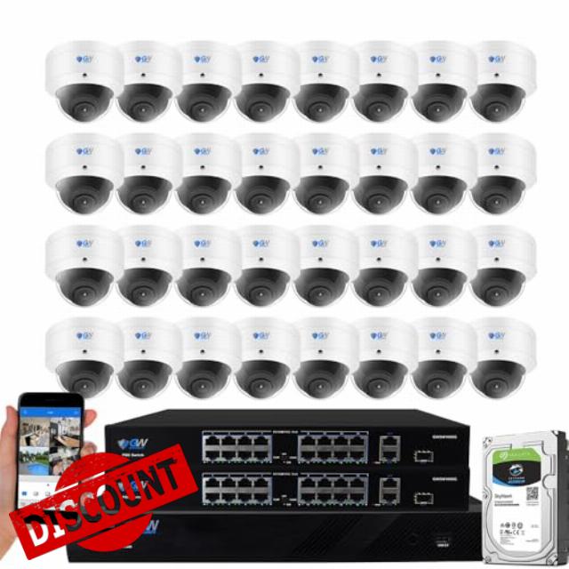 GW Security 32 Channel 12MP NVR UltraHD 4K Smart AI Security Camera System                                                          32 4K (8MP) Microphone 135°FoV Outdoor/Indoor Dome Cameras