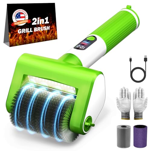 2-Speed BBQ Grill Brush with LED Light/Screen Powerful Cleaning 800RPM/4000mAh/2 Brush Heads No Bristle Shedding Rechargeable Lightweight Grill Cleaner for Outdoor/Camping
