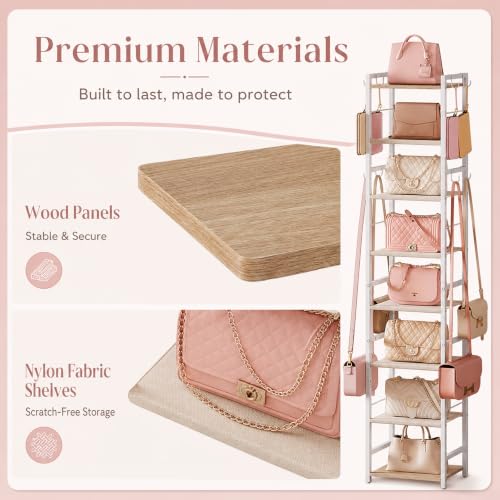 Corner Handbag Storage Display Shelf with Adjustable Fabric Shelves & 8 Hooks for Small & Medium Tote Bags