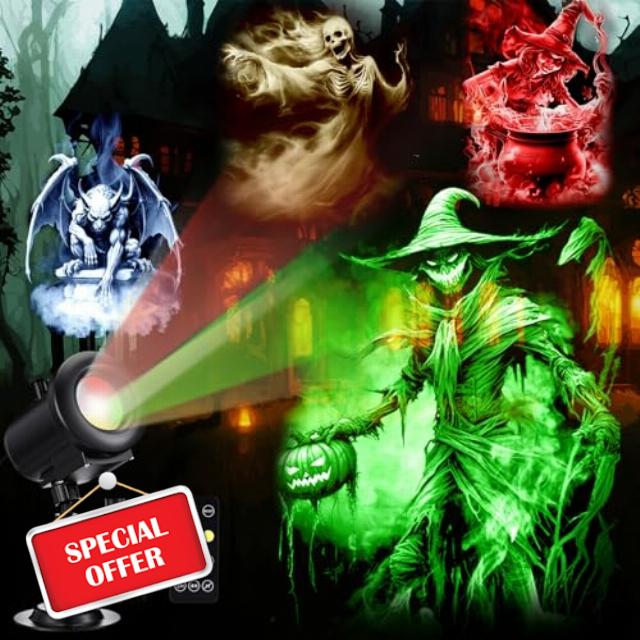 12 in 1 Halloween Projector Lights Outdoor 2026 Upgrade 3D Dynamic Window Indoor Decorations Skull Ghost Bats Witch Scary HD Patterns