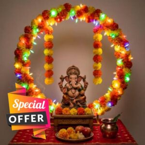 34''x31'' Ganpati Decoration Mandap Stand Kit with Marigold Garland & Light                                                          Gold Round Pooja Backdrop Frame for Ganesh Chaturthi Decorations