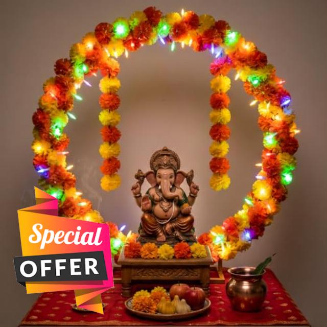 34''x31'' Ganpati Decoration Mandap Stand Kit with Marigold Garland & Light                                                          Gold Round Pooja Backdrop Frame for Ganesh Chaturthi Decorations