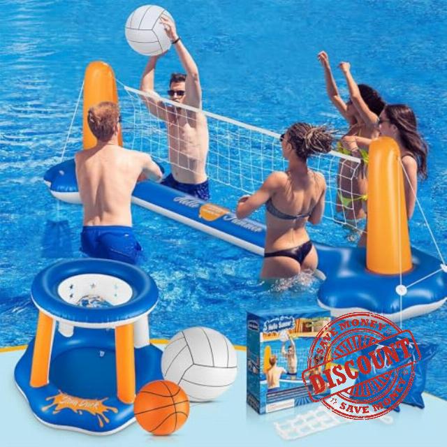 125" XL Pool Volleyball Set & Basketball Hoop With Volleyball Basketball | Pool Volleyball Net for Inground Includes 2 Balls 2 Weight Bags