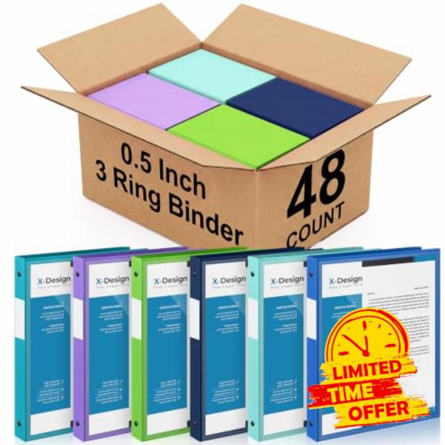 Henoyso 48 Pack 1/2 Inch 3 Ring Binder with Clear Cover Fit Letter Size 8.5" x 11" Paper Holds 140 Sheets