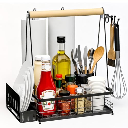 with Plate Holder/2Paper Towel Holder | Picnic BBQ Condiment Utensil Organizer