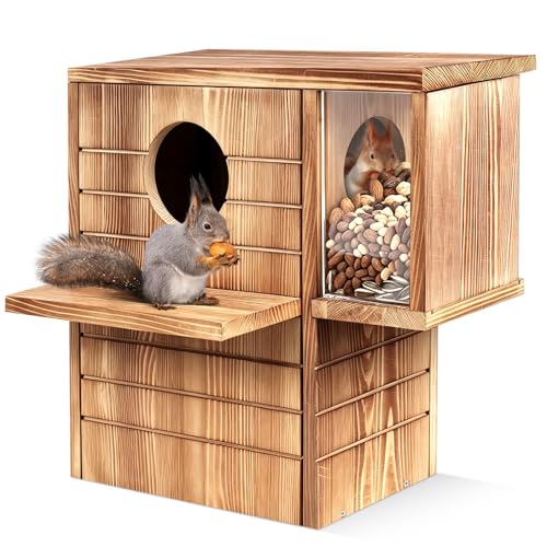 2-in-1 Weatherproof Pine Wooden Large Squirrel Nesting Box with Predator Guard & Easy Assembly