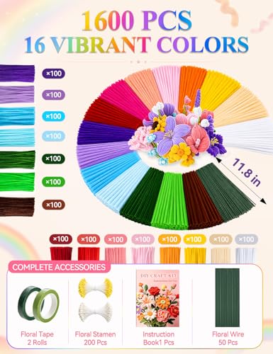 DIY Pipe Cleaners Flowers Kit with Handle | 1600Pcs pipe cleaner flower kit