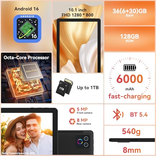 10.1" Android 16 Tablet Octa-core 36GB+128GB Dual Camera 1280x800 IPS HD Touchscreen 6000mAh Battery Wi-Fi 6
