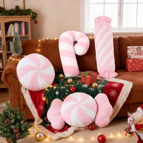 Christmas Decoration Winter Throw Pillows Soft Fleece Cute Long Lumbar Candy Cane Bow Lollipop Peppermint Cushion for Sofa Bedroom Xmas Decor (Pink)
