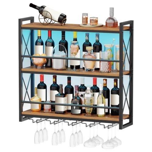 4-Tier Wall Wine Bottle Rack with LED Light Hanging Bar Liquor Shelf with Wine Glass Holder