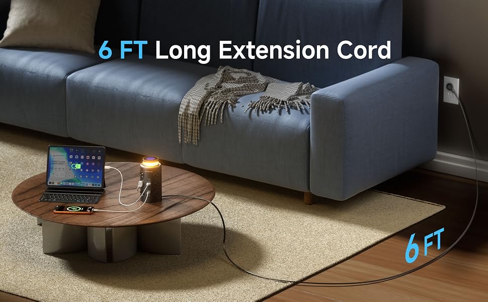 Tower Power Strip Surge Protector with Wireless Charging & Night Light
