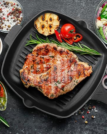 Northriver Casting 10.5 Inch Cast Iron Grill Pan with Lid – Pre-Seasoned Square Grill Skillet for...