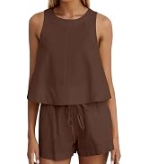 Ythomm Womens Two Piece Lounge Sets Round Neck Peplum Tops High Waist Linen Shorts Summer Matchin...
