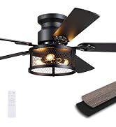 JSAITEE 52in Flush Mount Farmhouse Ceiling Fan with Lights, Caged | Low Profile Fan Light with E1...