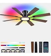 JSAITEE 60Inch Ceiling Fan with Lights Low Profile Flush Mount Brown RGB | Ceiling Fans,DC Revers...