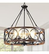 16" Dining Room Light Fixture/Chandelier Over Table, 4-Light Black & Wood Grain Farmhouse Chandel...