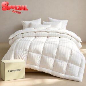 Calvin Klein Hotel Luxury Queen Comforter Duvet Insert Hypoallergenic                                                          Down Alternative 100% Cotton Cover All Season Medium Warmth 90 x 92 inches White Stripe