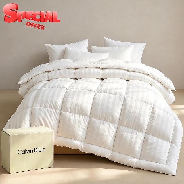Calvin Klein Hotel Luxury Queen Comforter Duvet Insert Hypoallergenic                                                          Down Alternative 100% Cotton Cover All Season Medium Warmth 90 x 92 inches White Stripe