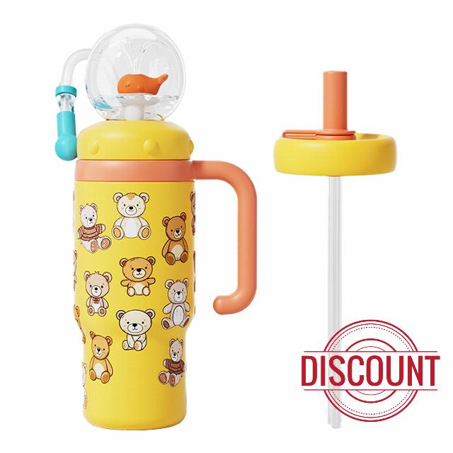 24oz Whale Fountain Tumbler Water Bottle | Leakproof Sippy Cups for Adults and Kids | Stainless Steel Insulated Cup with Weighted Straw & 2 Lids