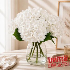 Hydrangea Artificial Flowers in Vase Fake Flowers for Home Decor                                                          Real Touch White Hydrangea Faux Flowers with Faux Water for Bedroom Bathroom Office Table Centerpiece