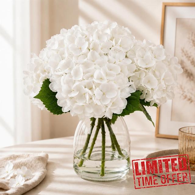 Hydrangea Artificial Flowers in Vase Fake Flowers for Home Decor                                                          Real Touch White Hydrangea Faux Flowers with Faux Water for Bedroom Bathroom Office Table Centerpiece