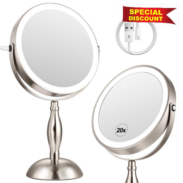 20x Magnifying Mirror with Light-Brushed Nickel | 5000mAh Lighted Makeup Mirror with 3 Color Modes and Adjustable Brightness