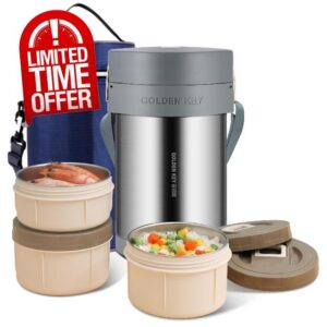 GOLDEN KEY 74 oz Stainless Steel Wide Mouth Large Food Thermo Hot Food Jar                                                          3 Tier Vacuum Insulated Stackable Hot Food Containers with Keep Thermal Portable