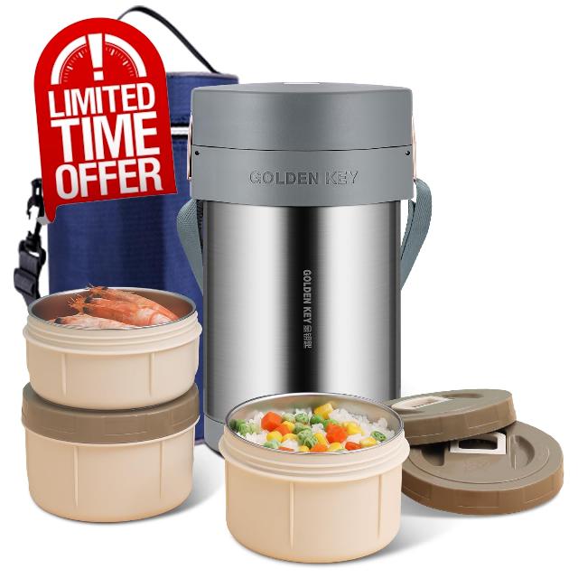 GOLDEN KEY 74 oz Stainless Steel Wide Mouth Large Food Thermo Hot Food Jar                                                          3 Tier Vacuum Insulated Stackable Hot Food Containers with Keep Thermal Portable