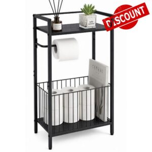 Black Freestanding Toilet Paper Holder Stand with Shelf and Storage