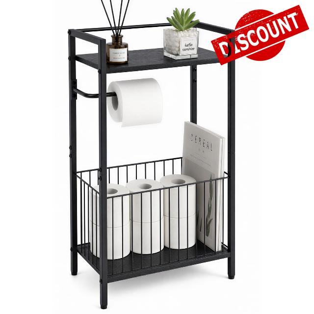 Black Freestanding Toilet Paper Holder Stand with Shelf and Storage