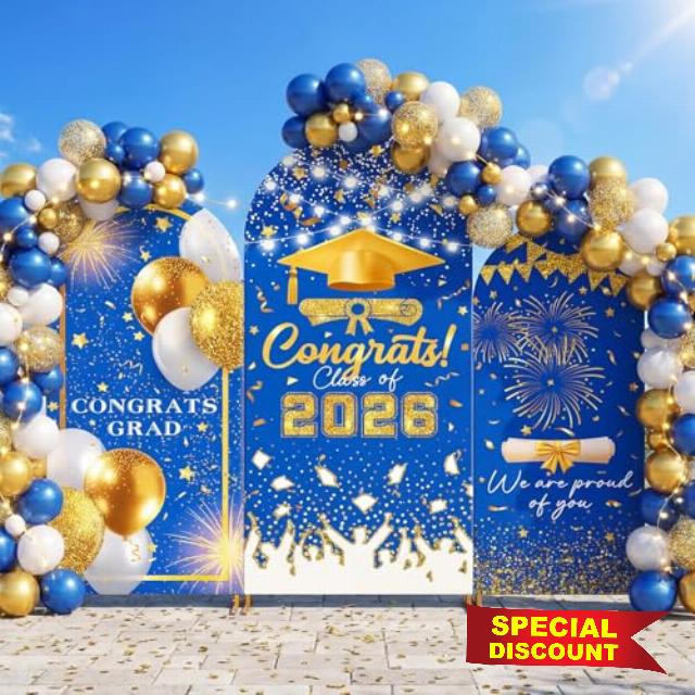 WovWeave Graduation Arch Backdrop Stand Cover Set of 3-4ft 5ft 6ft Grad Arch Cover Photo Booth Backdrop Decorations for Graduation Party Decor Supplies(Blue Gold