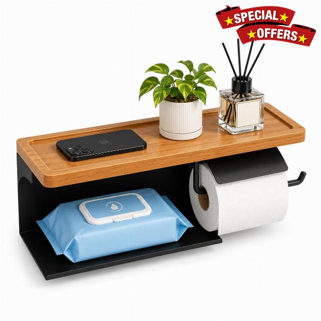 Toilet Paper Holder with Wide Solid Wood Shelf
