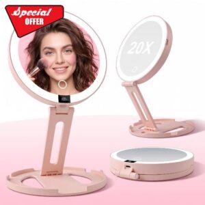 Foldable Travel Makeup Mirror with Lights 20X/1X Magnifying Mirror                                                          Double-Sided Travel Magnifying Mirror With 3 Color Modes & Rechargeable