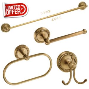 4 Pcs Antique Brass Gold Bathroom Accessories Set Wall-Mounted Towel Rack & Towel Ring & Toilet Paper Holder & Robe Hook