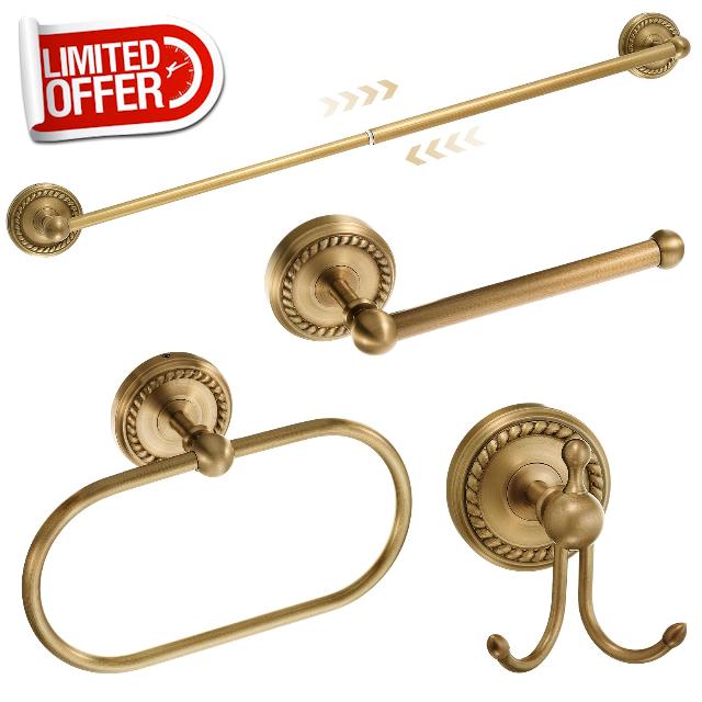 4 Pcs Antique Brass Gold Bathroom Accessories Set Wall-Mounted Towel Rack & Towel Ring & Toilet Paper Holder & Robe Hook