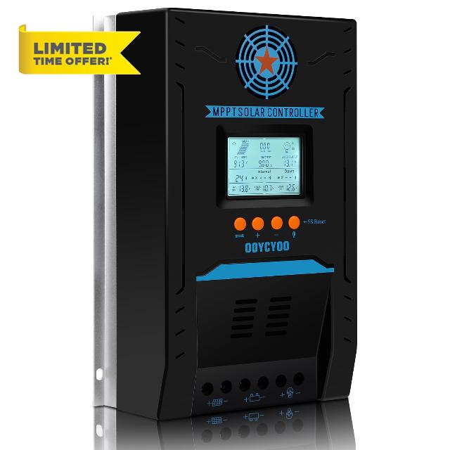 100A MPPT Solar Charge Controller 12V/24V Auto Max 100V LCD Display                                                          Auto Parameter Adjustment Solar Voltage Regulator with Backlit LCD for Lead-Acid AGM Sealed Gel Flooded & LiFePO4 Batteries