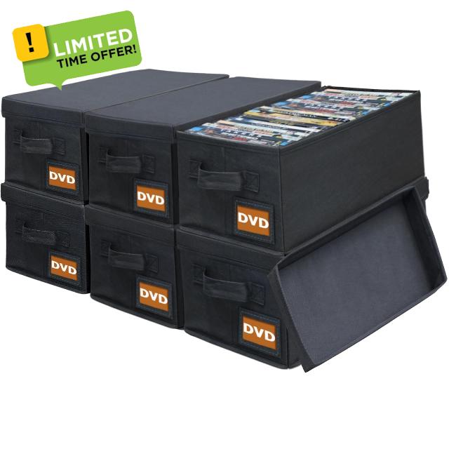 DVD Storage Box with Handle - 6 Pack | Holds 150 DVDs/300 Slim Cases