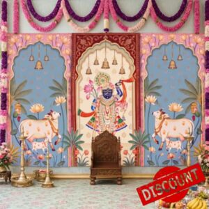 Gilprop 9 x 6 ft Indian Pichwai Backdrop Traditional Shrinathji Cows Lotus Backdrop Decor Indian Pooja Props Banner for Navratri Festival Ganesh Chaturthi Mehndi Wedding Seemantham Decoratio