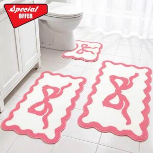 Pink Bow Bathroom Rug Mat Set 3 Piece