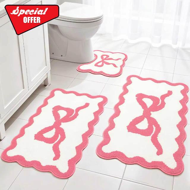 Pink Bow Bathroom Rug Mat Set 3 Piece