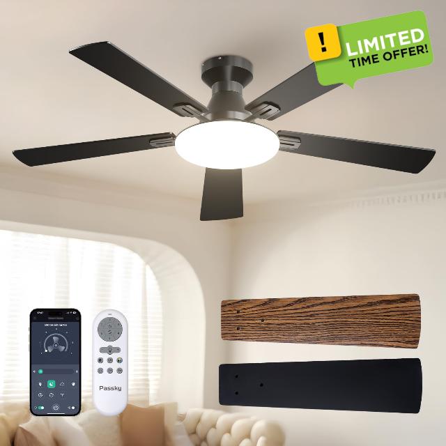 Passky 52 Inch Black Low Profile Ceiling Fans with Lights and Remote | Flush mount
