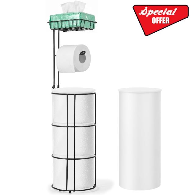Toilet Paper Holder Stand and Tissue Paper Roll Dispenser with Basket for Bathroom Storage Holds Reserve