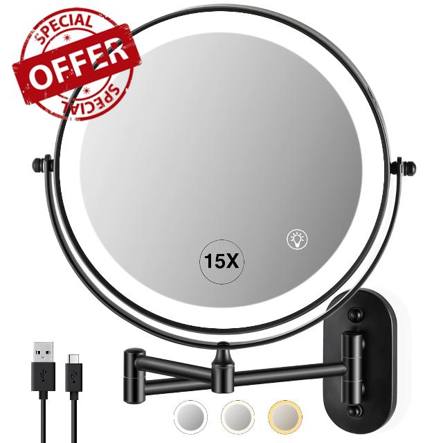 GREENFROM Magnifying Mirror with Lights 1x/15x Rechargeable | 8.5 inch Wall Mounted Lighted Makeup Mirror for Bathroom
