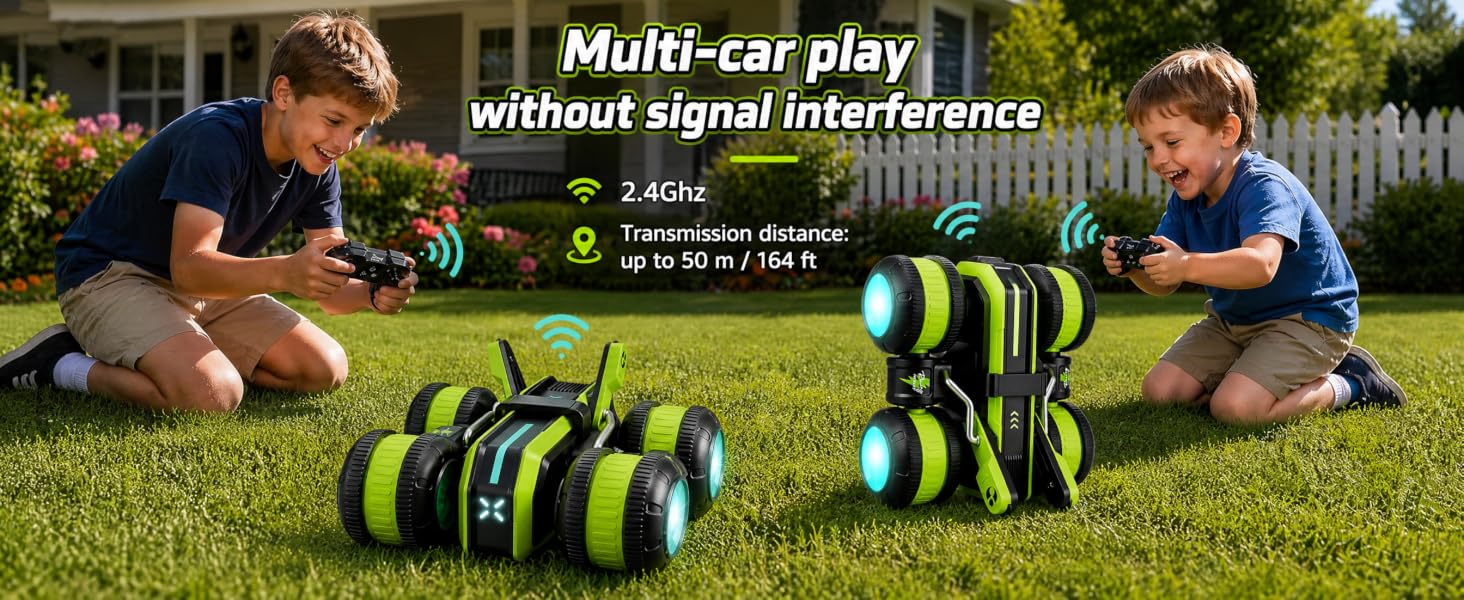 2.4G RC stunt car: 360° flips, LEDs. Perfect outdoor fun for kids!
